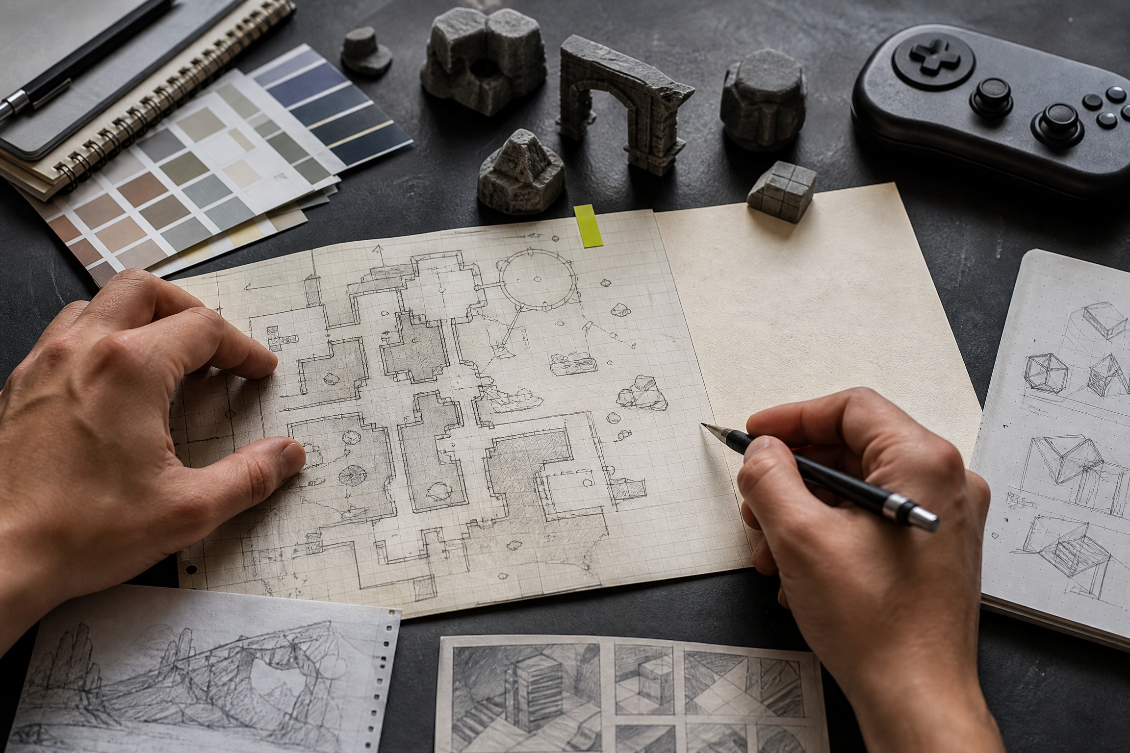A game prototype map and development tools on a studio desk